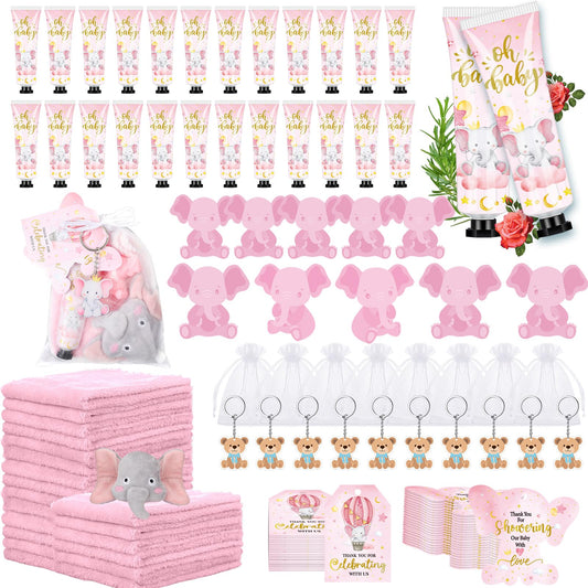 Mindsoft 168 Pcs Pink Elephant Baby Shower Favors Baby Shower Gifts Bulk Hand Cream Towels Soaps Keychains Organza Bags Guest Appreciation Gift with Thank You Tags and Cards for Boys Girls Guest